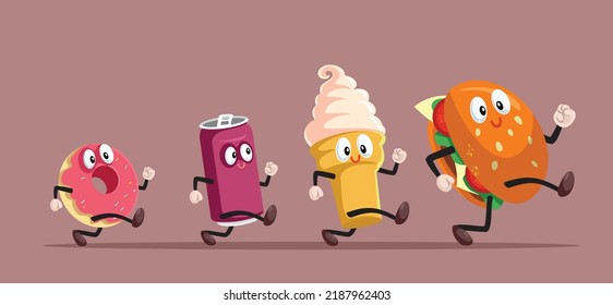 
Artículos de comida rápida con divertida ilustración de concepto. Personajes de hamburguesas, helados, refrescos y donut haciendo ejercicio de calorías ardientes 
