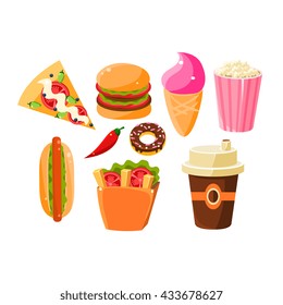 Fast Food Items Set Of Isolated Icons. Junk food Collection Of Flat Vector Drawings. Bright Color Icons Of Fast Food And Drink.