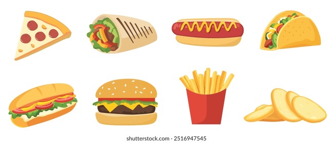 Fast Food Items Set. Junk food collection flat illustration