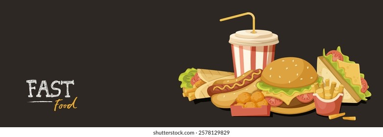 Fast food items with text on dark background. Vector illustration