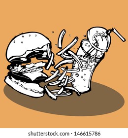 Fast food items that include a Burger, french fries and cola appear to be flying off the plate or tray. The image was hand drawn and then made digital.