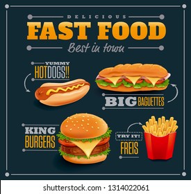 fast food items-hamburger, fries, hotdog, baguette 