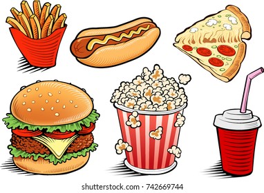 Fast Food Items-hamburger, Fries, Hotdog, Drink, Popcorn, Pizza - Hand Drawing