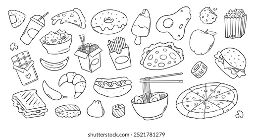 Comida rápida, Elementos de dibujos animados de comida chatarra, colección de garabatos para afiches, impresiones, decoración de redes sociales, menú, pegatinas, páginas para colorear, etc. EPS 10