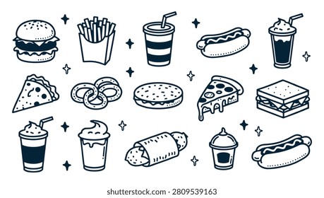 Fast food and junk food doodle icon set with fastfood junkfood sandwich unhealthy restaurant takeaway illustration calorific