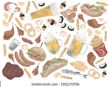 Fast food or junk food doodle set. Vector illustration design.