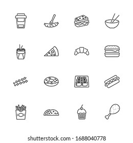 Fast Food, Junk Eating outline icons set - Black symbol on white background. Fast Food, Junk Eating Simple Illustration Symbol - lined simplicity Sign. Flat Vector thin line Icon - editable stroke