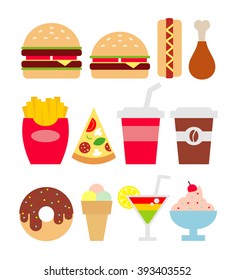 fast food junk food flat  icons set isolated on white background.burger,fries.pizza.drink.donut.chicken leg.ice cream. cocktail,coffee.hot dog.