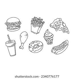 fast food junk food hand drawn doodle illustrations vector set