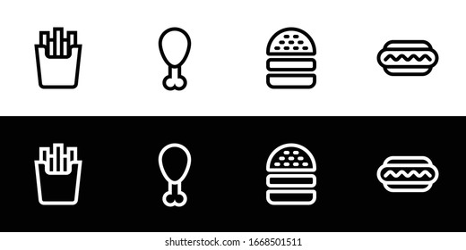 Fast food or junk food icon set. Flat design icon collection isolated on black and white background. French fries, fried chicken, burger, and hot dog.