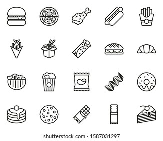 Fast Food Or Junk Food Icons Thin Line Set Big
