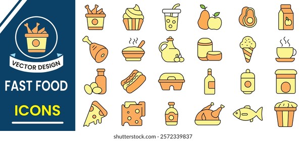 Fast food, Junk food, icons, vector set. Fast food editable vector icons. Vector illustration of burger, pizza, sandwich pop corn, French fries, desserts, and more. Vector illustration.