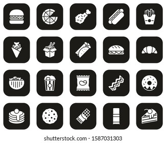 Fast Food Or Junk Food Icons White On Black  Set Big