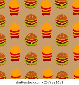 fast food or junk food seamless pattern theme. Fast food seamless pattern in flat style. Vector background. Seamless fast food vector pattern. Burger and fries