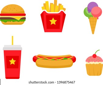 Fast food junk set. Junk food, concept. Unhealthy lifestyle. Fast food icon. Vector design concept. Food menu, design.