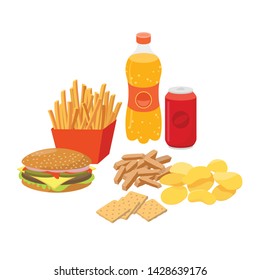 Fast food, junk food set in flat design, vector illustrations isolated on white background. 