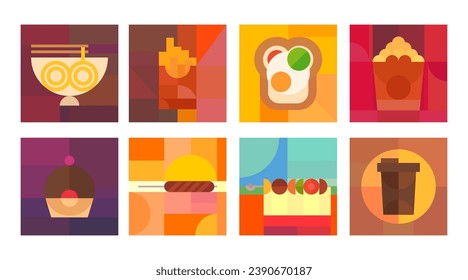 Fast food, junk snack background for cover, card, menu, flyer in geometric style. Noodle, french fries, sandwich, pop corn, cake, kebab, coffee. Set vector illustration.