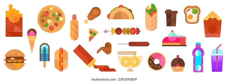 Fast food, junk snack in geometric minimal style. Burger, pizza, tacos, hot dog, cake, kebab, pop corn, french fries, soda, noodle, ketchup, sandwich, ice cream, coffee, shawarma. Vector illustration.