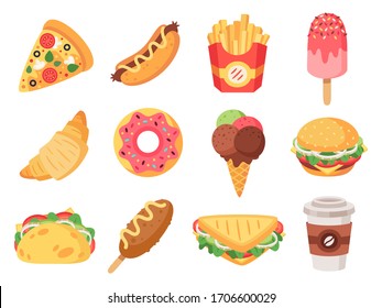  Schnelles Essen. Wurstwaren und Snacks, Hamburger, Taco, Pommes frites, Donut und Pizza mit kalorienreichem Essen. Doodle Fastfood Vektorillustration isolierte Symbole Set. Illustration von Hot Dog und Croissant, Snack und Sandwich