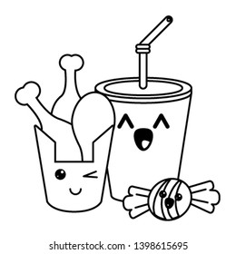 Fast food kawaii cartoon in black and white