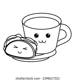 Fast food kawaii cartoon in black and white