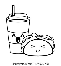 Fast food kawaii cartoon in black and white