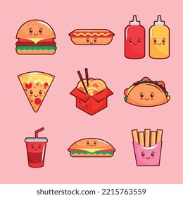 fast food kawaii set cartoon. vector illustration