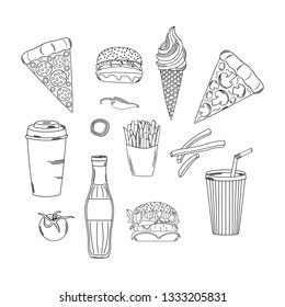 Fast food kit. Hand drawn vector food collection: pizza, hamburger, French fries, Burger, hot pepper, soda, onion, tomato, ice cream cone. 