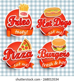 Fast food Label or Sticer - burgers, pizza, hot dog, fries  - Design Template. Vector illustration.