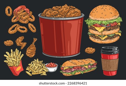 Fast food labels set colorful fried potatoes and breaded chicken near double hamburger for harmful nutrition concept vector illustration