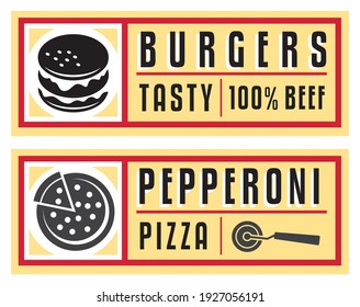 Fast food labels and signs for burger and pizza pepperoni. Retro tags and stickers design. Vector junk food restaurant menu illustration.