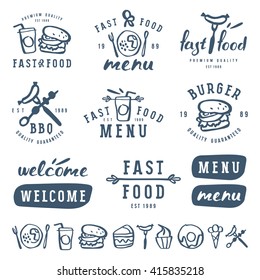 Fast food labels template in brush drawing style. Isolated on white background