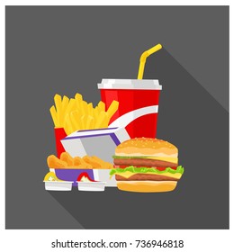 Fast Food Large Portion With Cola, French Fries, Nuggets and Big Burger. Cartoon Style Vector Illustration