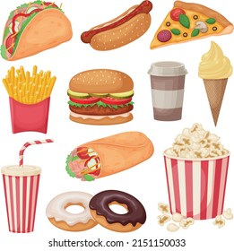 Fast food. A large set featuring fast food products such as hamburger, French fries, hot dogs, donuts, as well as ice cream, popcorn, coffee and soda. Vector