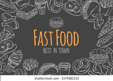 Fast food layout, page template, cafe menu design. Vector sketch illustration with snacks, hamburger, fries, hot dog, tacos, coffee, sandwich and ice cream