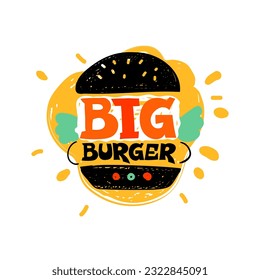 Fast food lettering. Burger logo. Takeaway snack. Abstract shapes. Color paint spots. Meal menu. Hamburger restaurant logo. Cheeseburger emblem. Doodle drawing label. Vector cafe banner