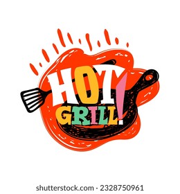 Fast food lettering. Hot grill. Kitchen spatula and pan. Restaurant logo sticker. Spicy snacks cooking. BBQ banner. Barbeque party. Doodle color drawing. Grilling meal. Vector cafe emblem
