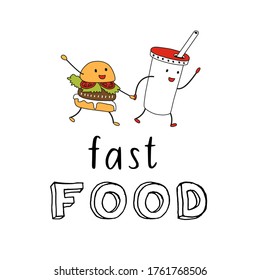 Fast food. Lettering with running burger and milkshake or coffee.