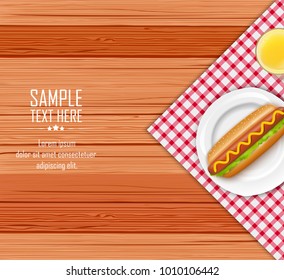 Fast food with lettuce and sausage on wooden table