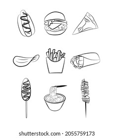 Fast Food Line Art Black Outline Icon Set Burger Hotdog Corn Dog Pizza Slice Fried Potato French Fries Crisp Noodles Shawarma Logo Sketch Drawing Emblem Vector Isolated Snack