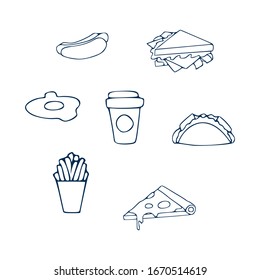 Fast food line art icon vector set black and white