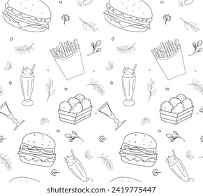 fast food line art pattern. food seamless pattern