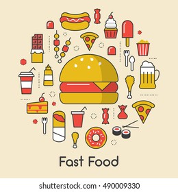 Fast Food Line Art Thin Vector Icons Set With Burger Pizza And Junk Products