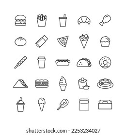 Juego de iconos de dibujo de línea de comida rápida (sin color).