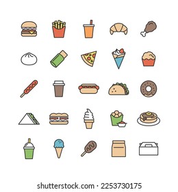 Fast food line drawing icon set (with colors).