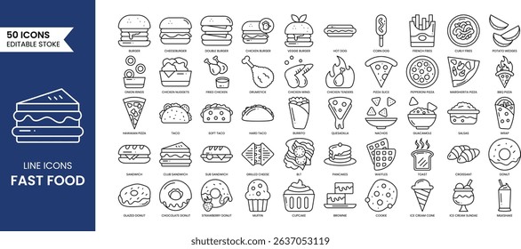 Fast food line editable icon set. Containing burger, pizza, hot dog, donut, french fries, sandwich, ice cream, taco, nachos, burrito and more. Vector illustration