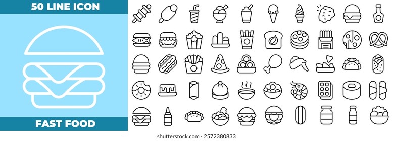 Fast Food Line Editable Icons set. Vector illustration in modern thin line style of fast food icons: burger, pizza, hot dog, french fries, et