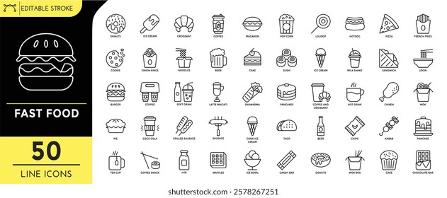 Fast food line editable icons set. Editable Stroke. Donuts, ice cream, burger, sandwich, beer, kabab, chips, soft drink, chocolate, milk, pie, chiken, wok, coffee,  and more. Vector Illustration.