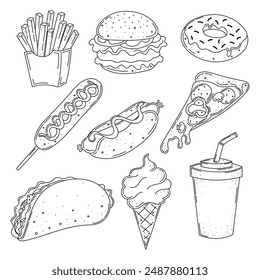 fast food line hand drawn set, french fries, hamburger, donut, corn dog, hot dog, pizza, taco, ice cream, cola