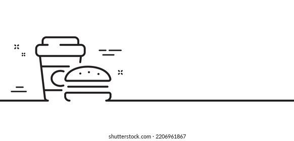 Fast food line icon. Burger with drink sign. Cheeseburger symbol. Minimal line illustration background. Fast food line icon pattern banner. White web template concept. Vector